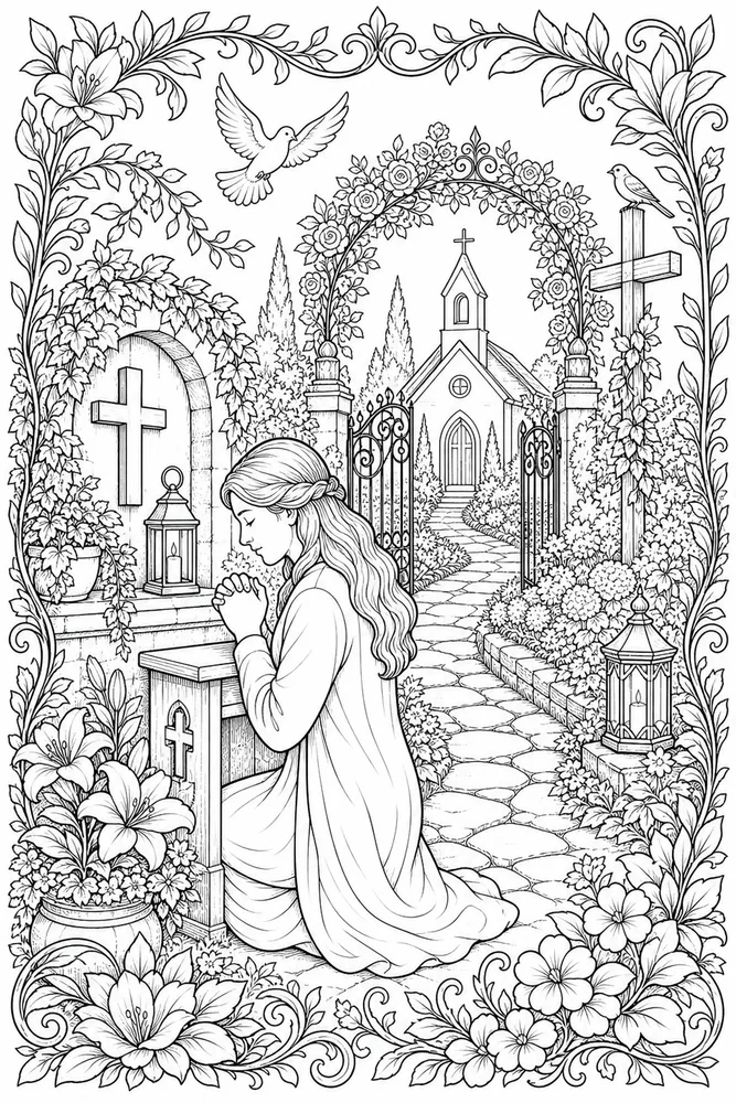 Christian Adult Quiet Prayer Garden for Adults printable coloring page