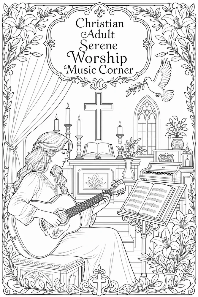 Christian Adult Serene Worship Music Corner printable coloring page
