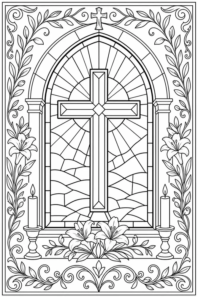 Christian Adult Stained Glass Cross Window printable coloring page