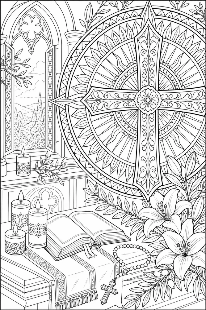 Christian Adult Sunbeam Cross Mandala printable coloring page