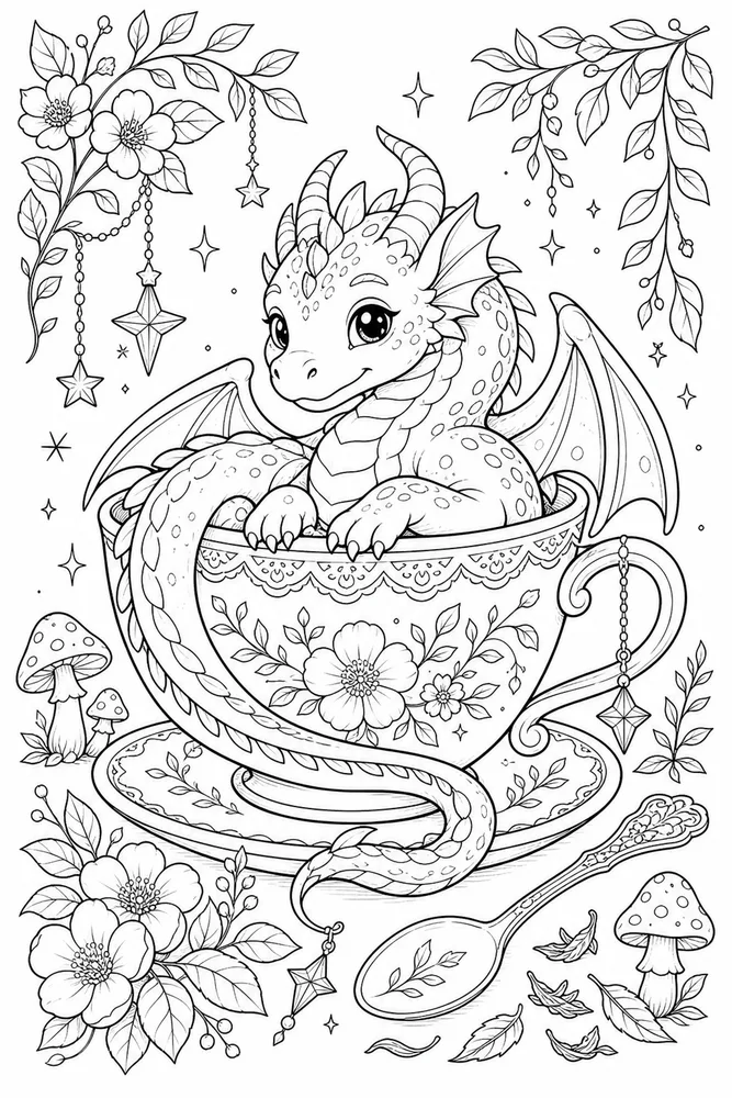 Cute Adult Baby Dragon Teacup printable coloring page