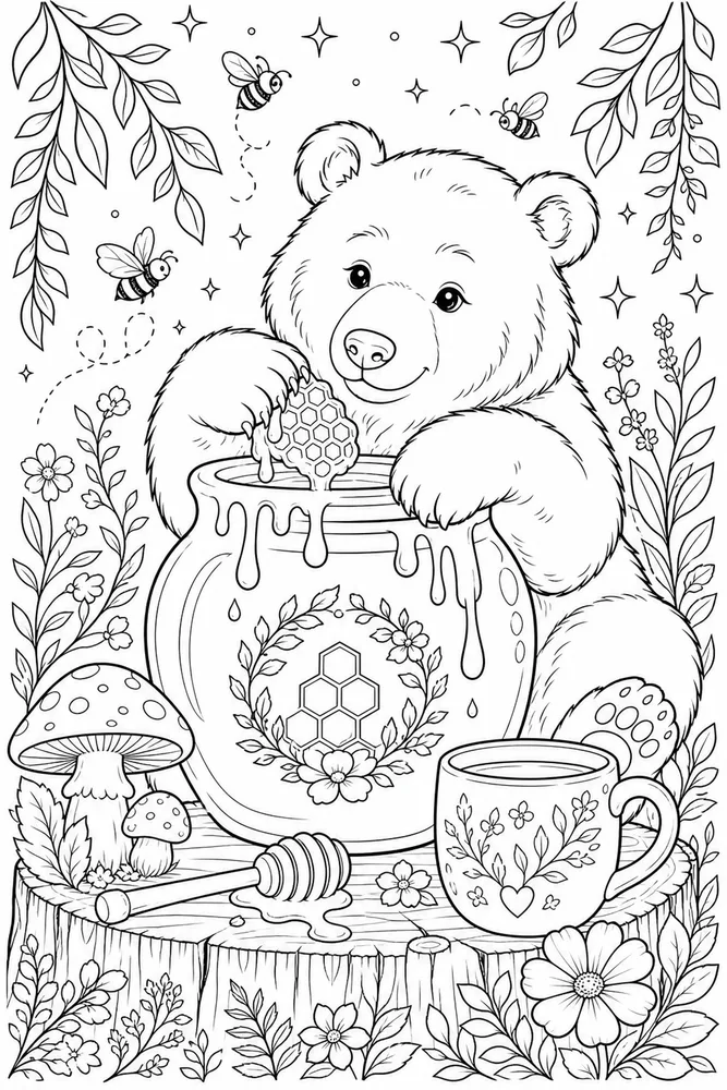 Cute Adult Bear Honey Jar printable coloring page