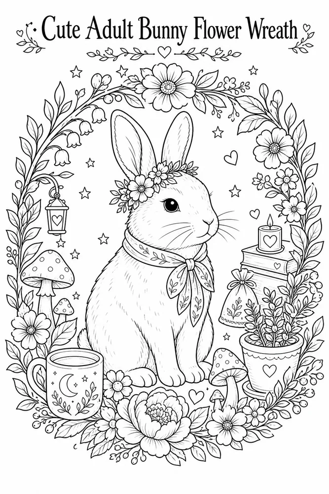 Cute Adult Bunny Flower Wreath printable coloring page