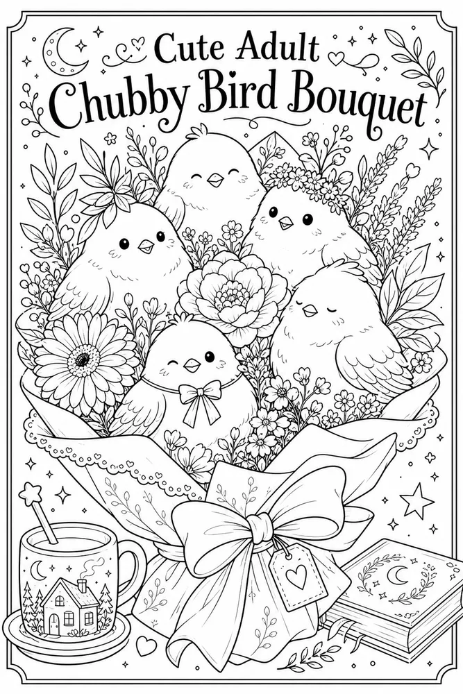 Cute Adult Chubby Bird Bouquet printable coloring page