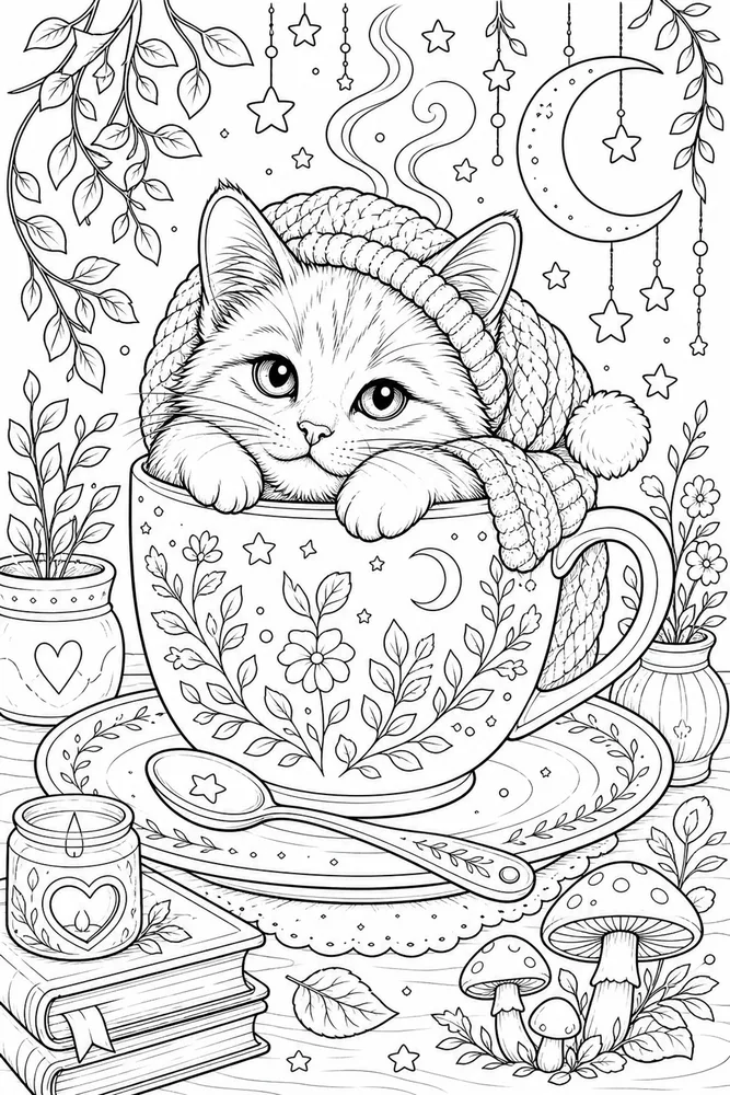 Cute Adult Coloring Pages preview: Cute Adult Cozy Kitten Mug Scene printable coloring page