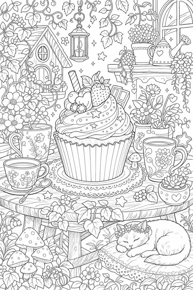 Cute Adult Cupcake Garden Table printable coloring page