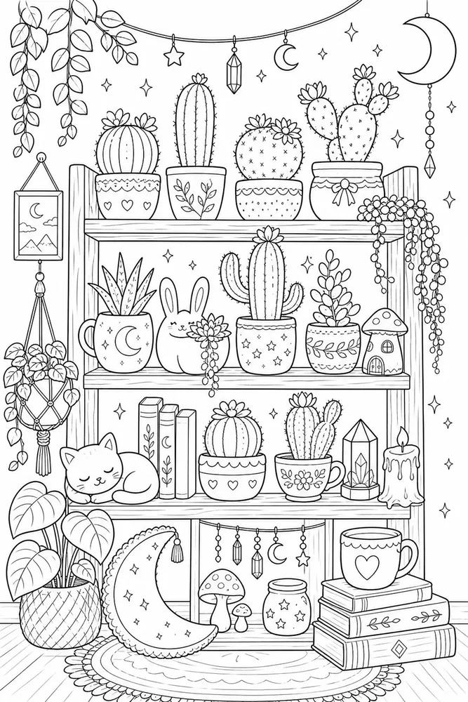 Cute Adult Cute Cactus Shelf printable coloring page