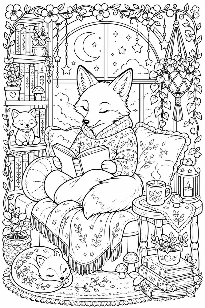 Cute Adult Fox Reading Nook printable coloring page