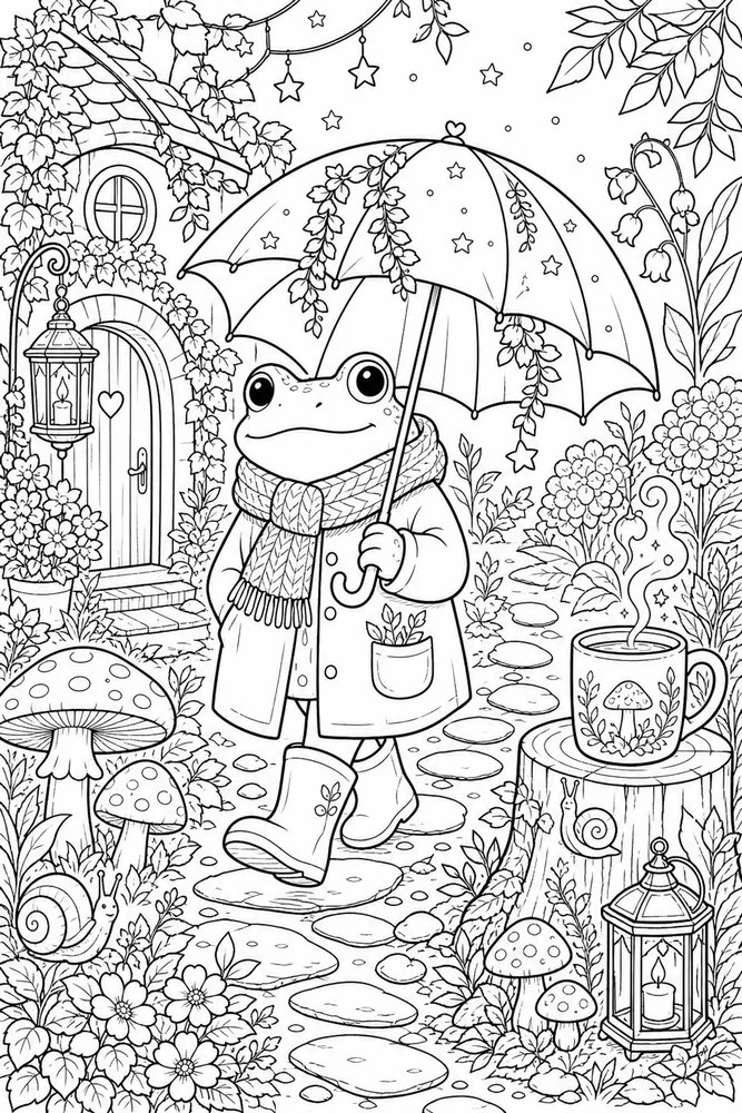Cute Adult Frog Umbrella Path printable coloring page