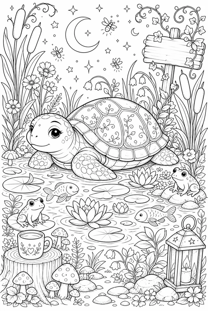 Cute Adult Gentle Turtle Pond printable coloring page