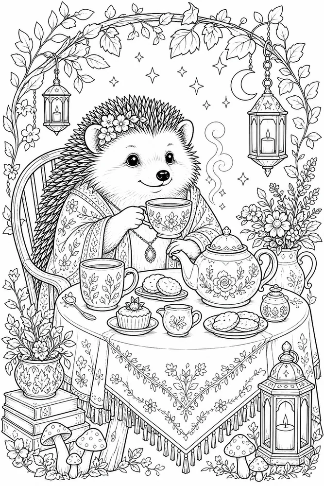 Cute Adult Hedgehog Tea Table printable coloring page
