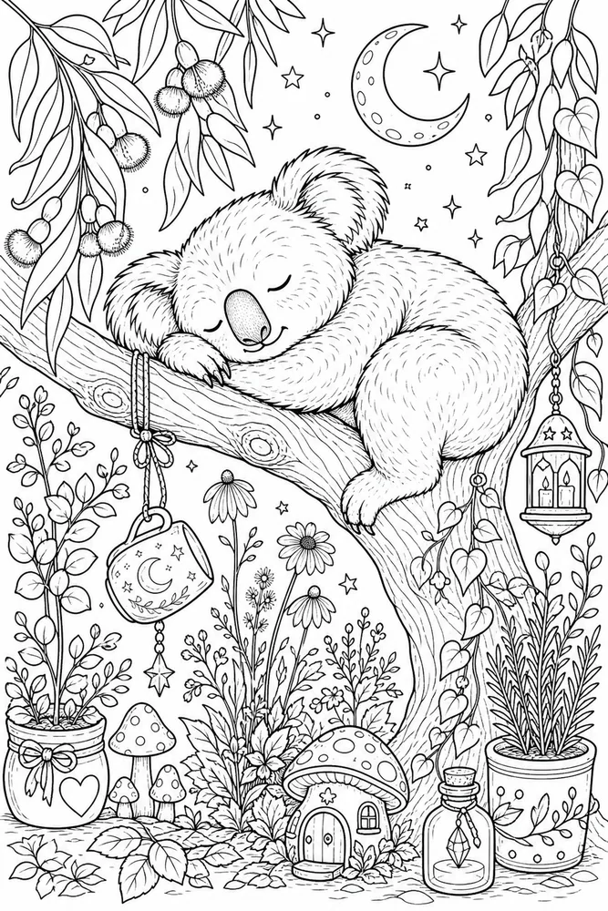 Cute Adult Koala Nap Branch printable coloring page