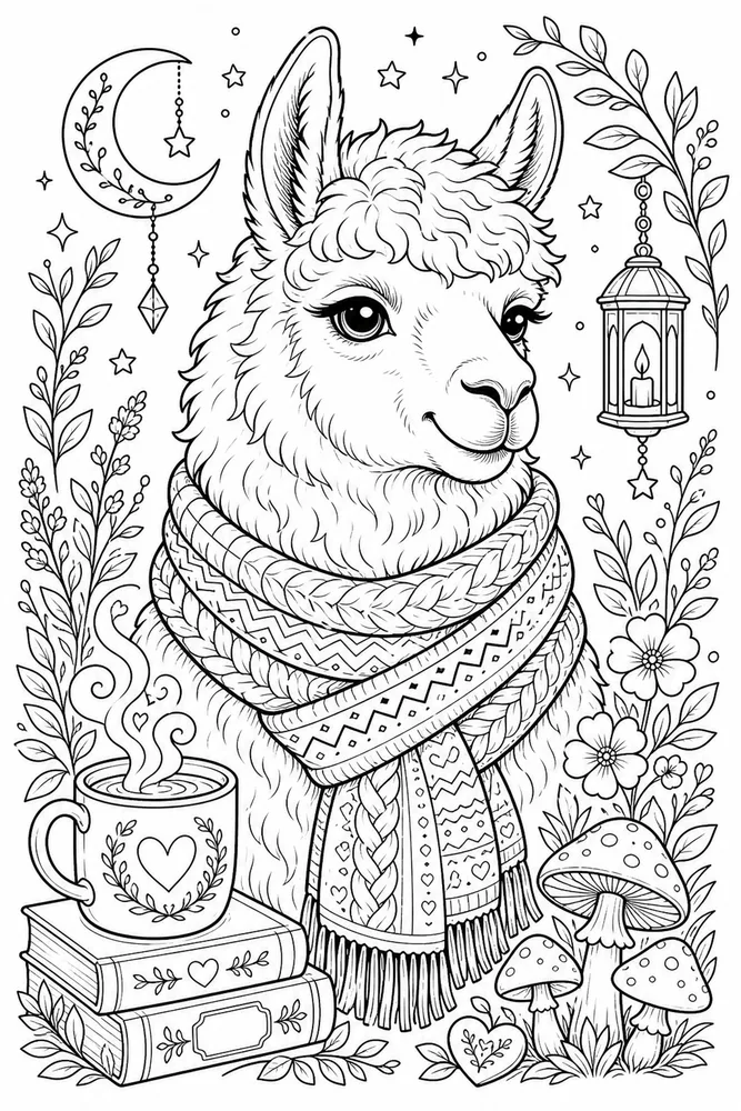 Cute Adult Llama Scarf Portrait printable coloring page