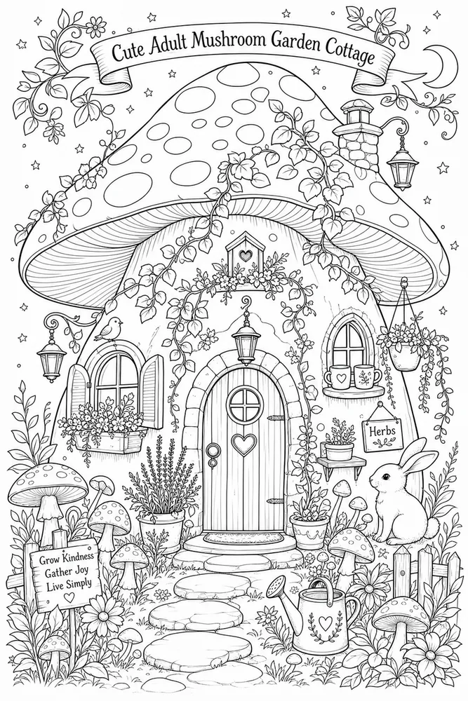 Cute Adult Mushroom Garden Cottage printable coloring page