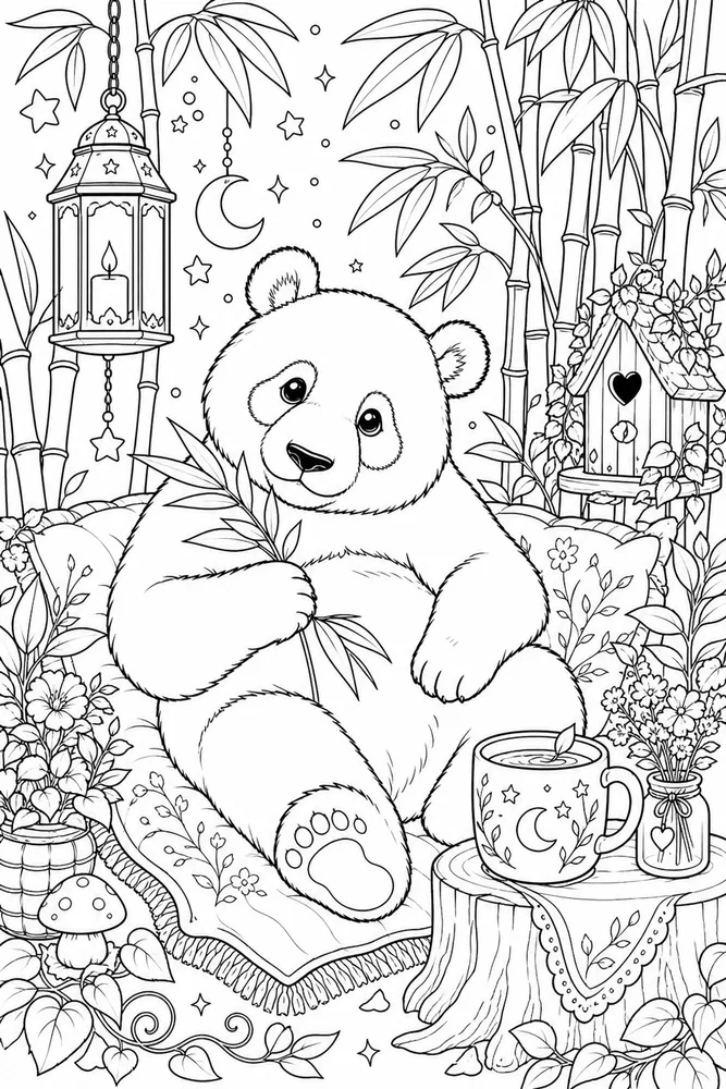 Cute Adult Panda Bamboo Corner printable coloring page