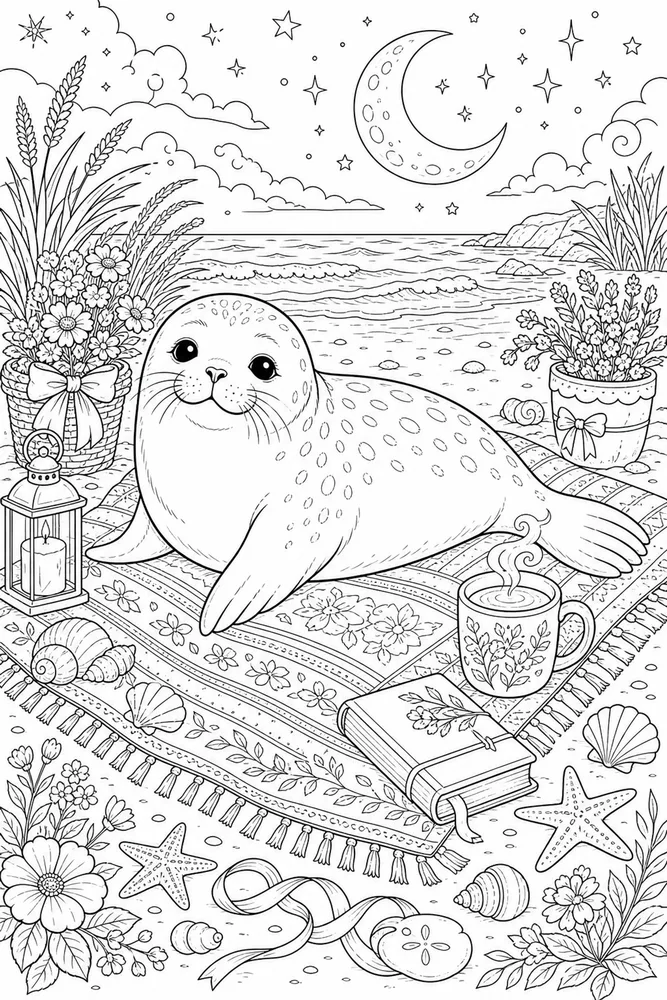 Cute Adult Seal Beach Blanket printable coloring page