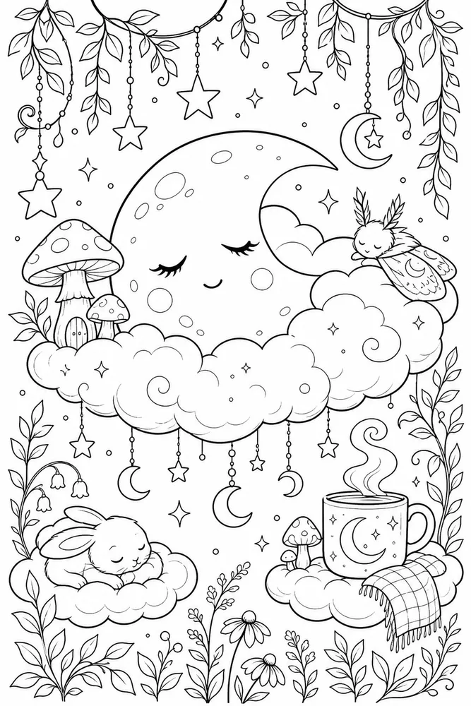 Cute Adult Sleepy Moon Cloud printable coloring page