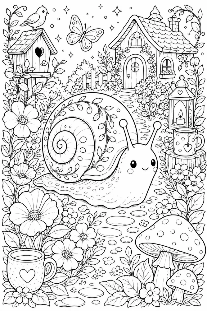 Cute Adult Snail Flower Trail printable coloring page