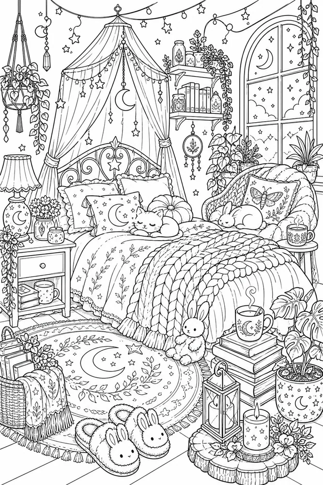 Cute Adult Starry Cozy Bedroom printable coloring page