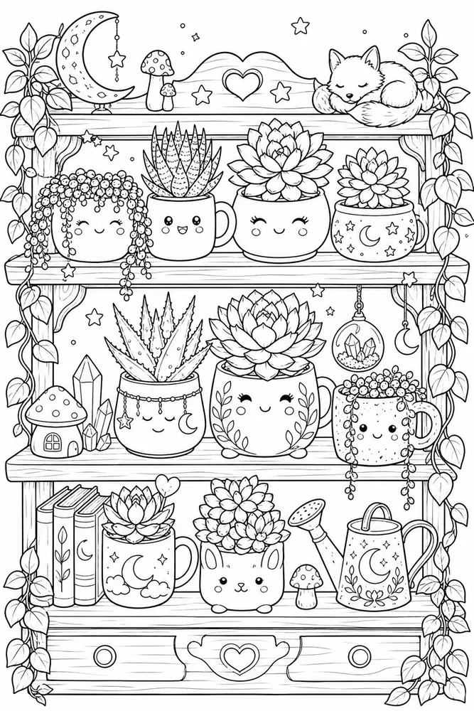 Cute Adult Succulent Shelf Smile printable coloring page