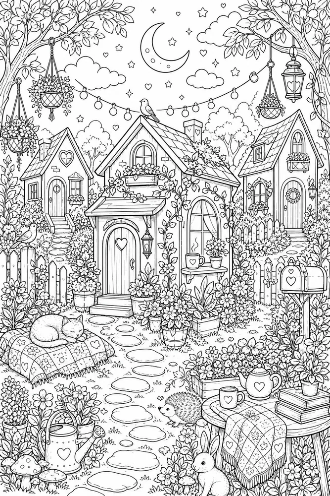 Cute Adult Tiny House Village printable coloring page