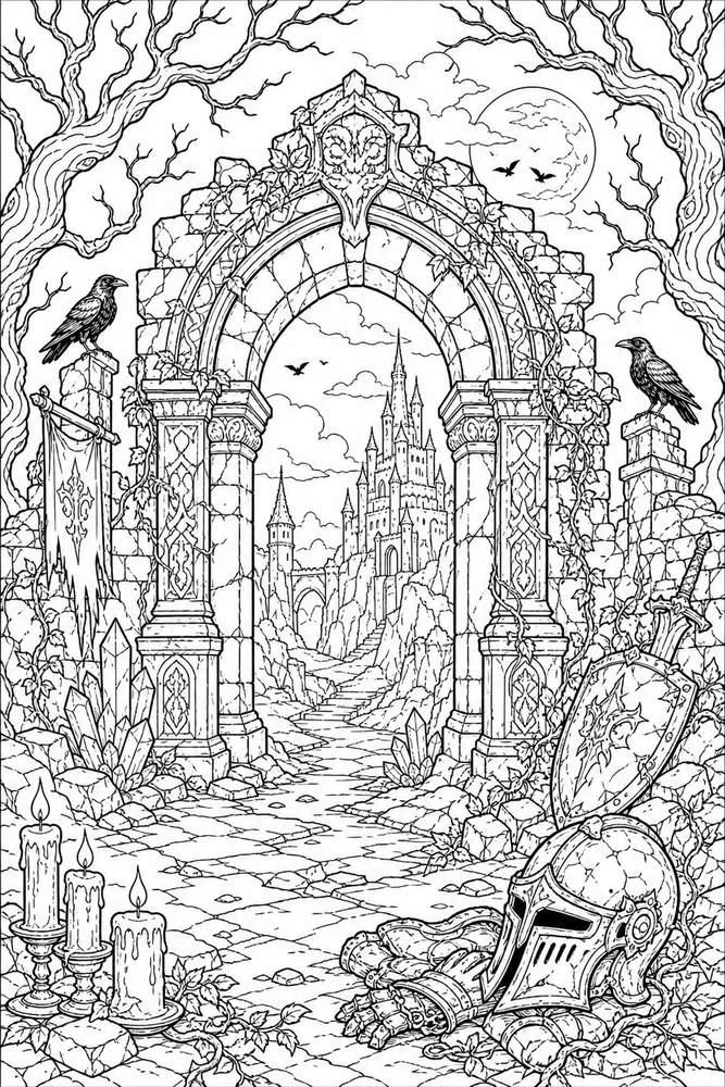 Dark Fantasy Adult Ancient Ruin Arch printable coloring page