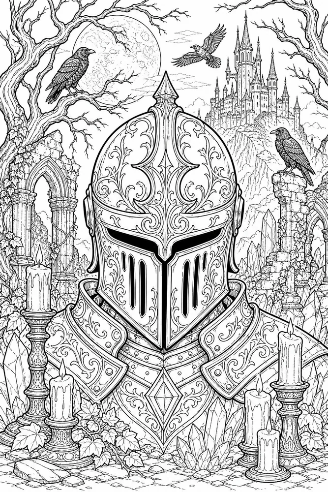 Dark Fantasy Adult Armored Knight Helmet printable coloring page
