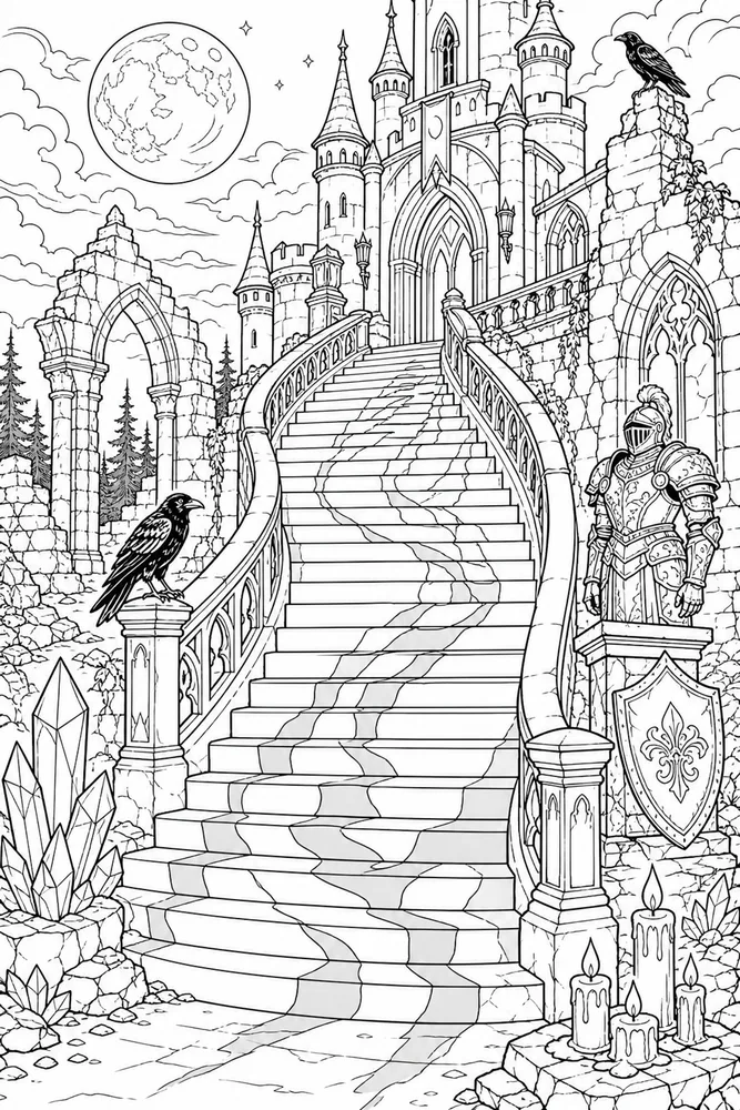 Dark Fantasy Adult Castle Staircase Shadows printable coloring page