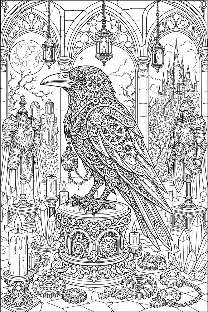 Dark Fantasy Adult Clockwork Raven Room printable coloring page