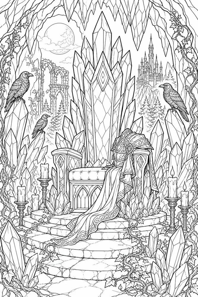 Dark Fantasy Adult Crystal Cave Throne printable coloring page
