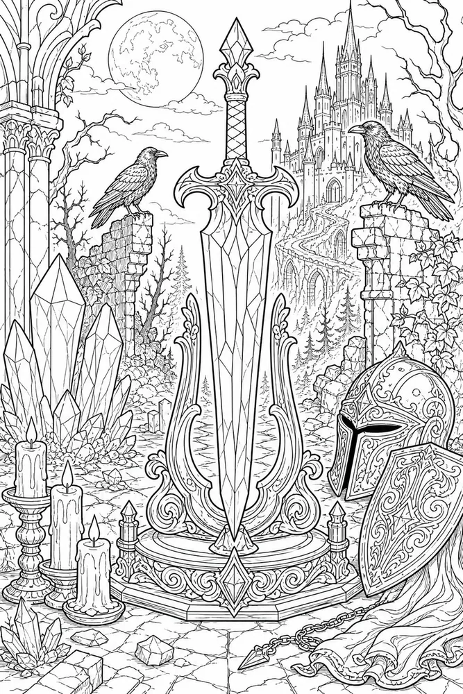 Dark Fantasy Adult Crystal Sword Display printable coloring page