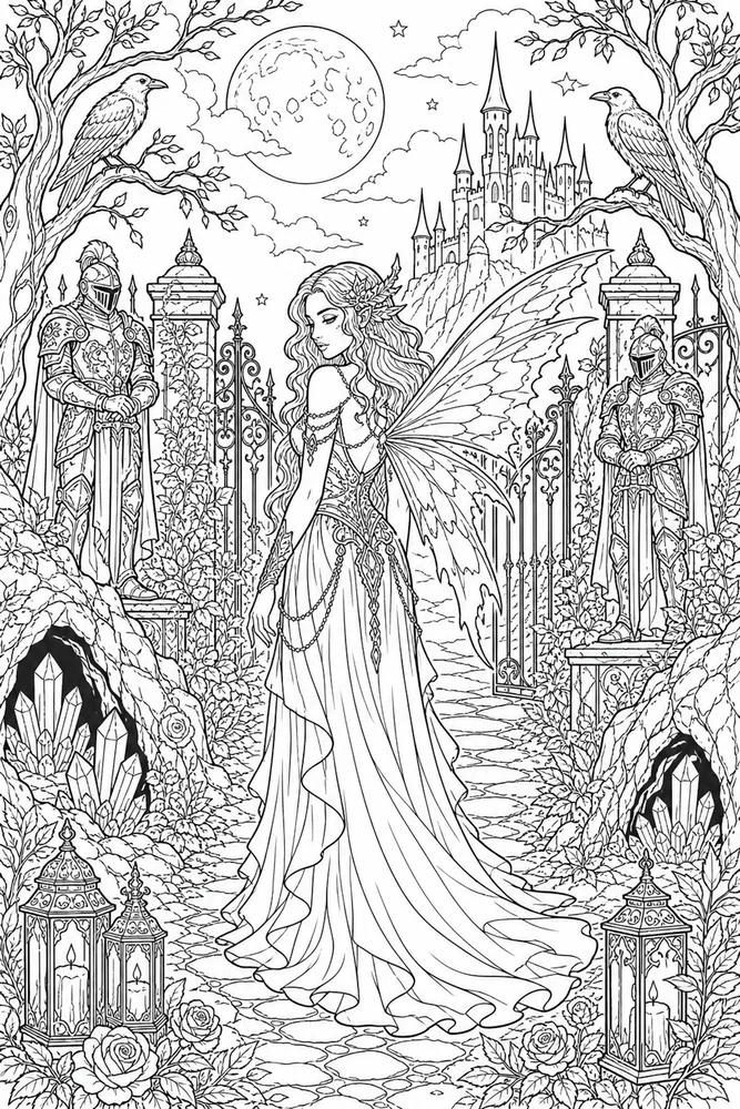 Dark Fantasy Adult Dark Fairy Garden printable coloring page