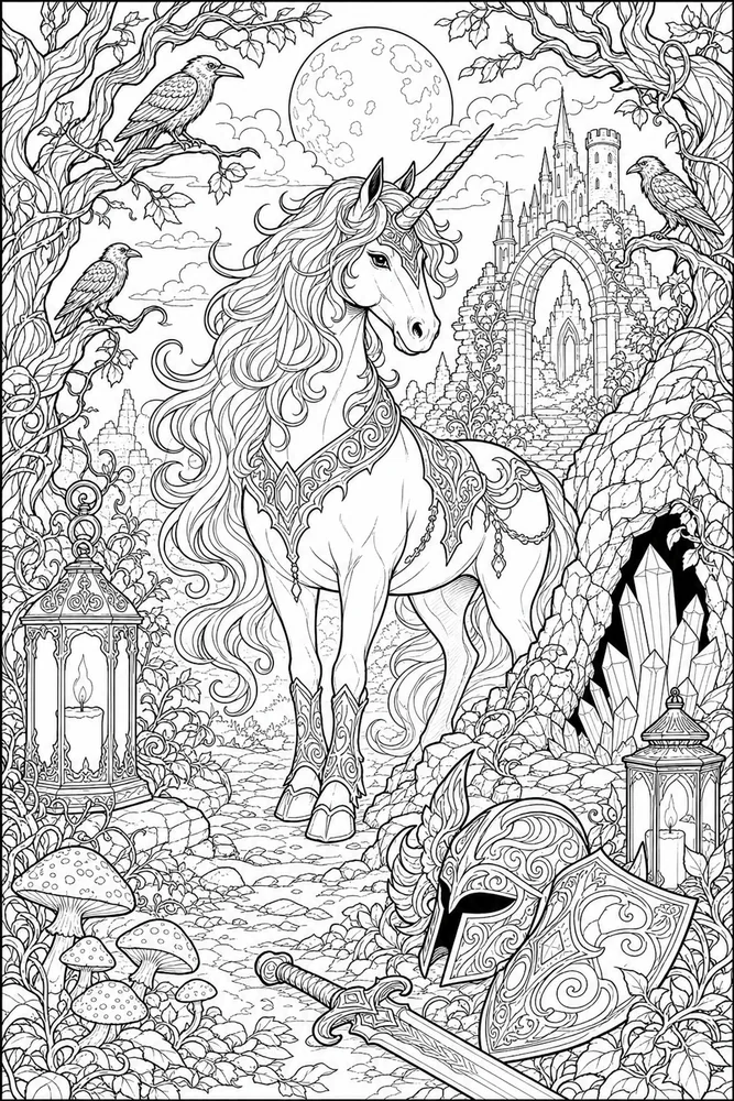 Dark Fantasy Adult Dark Unicorn Grove printable coloring page