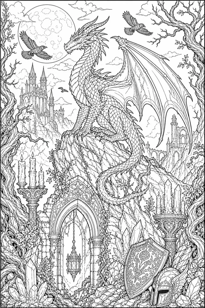 Dark Fantasy Adult Dragon Silhouette Ridge printable coloring page