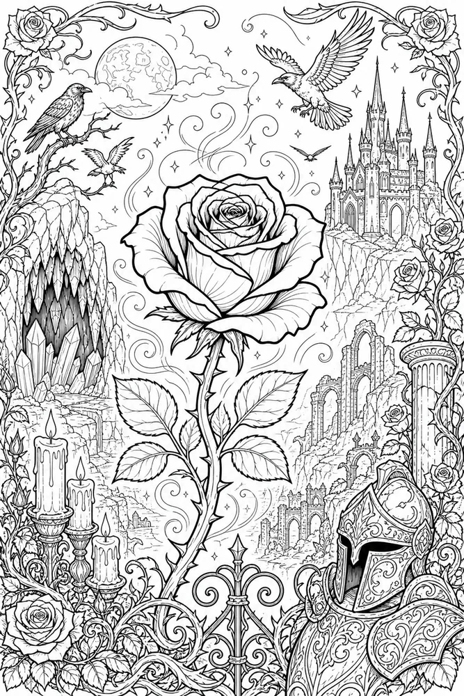 Dark Fantasy Adult Enchanted Black Rose printable coloring page