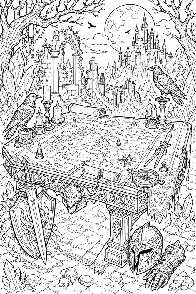 Dark Fantasy Adult Fantasy Map Table printable coloring page