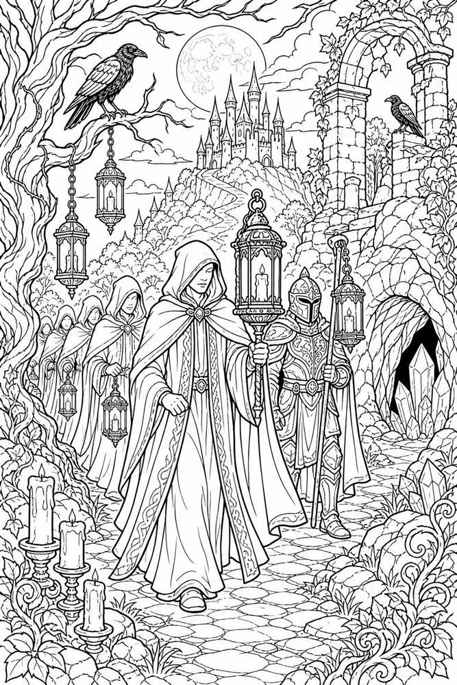 Dark Fantasy Adult Forest Lantern Procession printable coloring page
