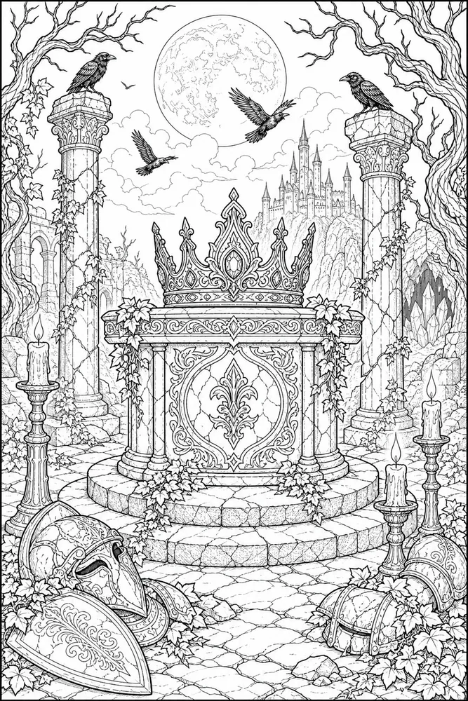 Dark Fantasy Adult Forgotten Crown Altar printable coloring page
