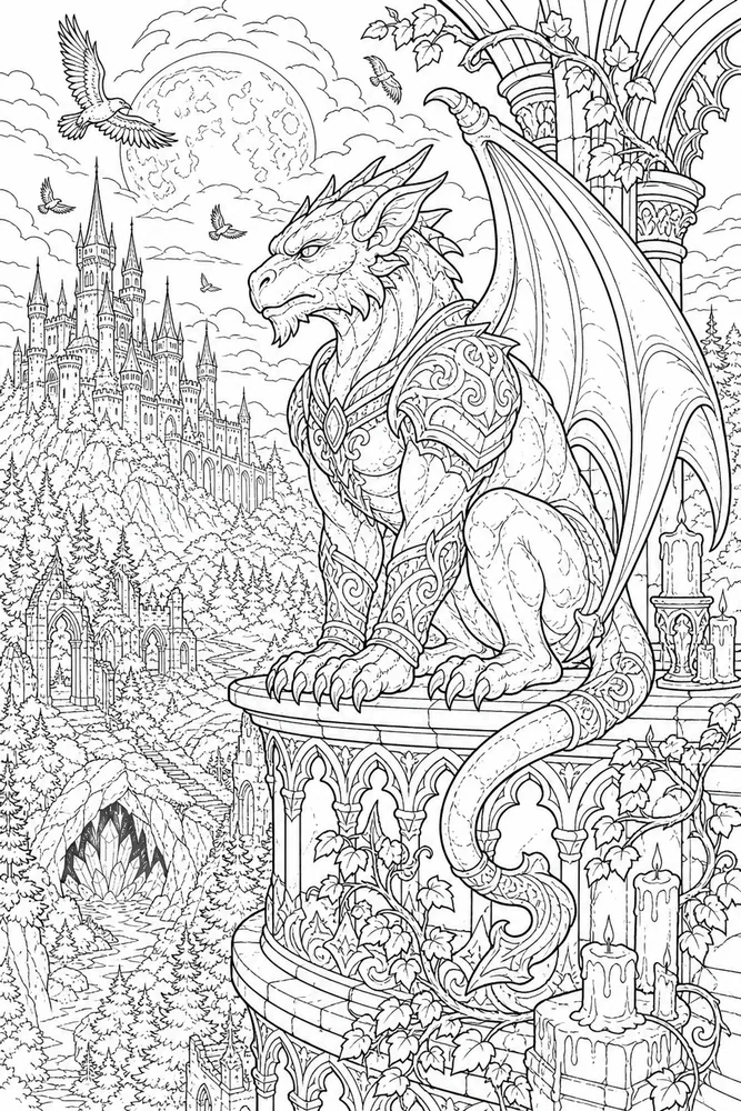 Dark Fantasy Adult Gargoyle Balcony Scene printable coloring page