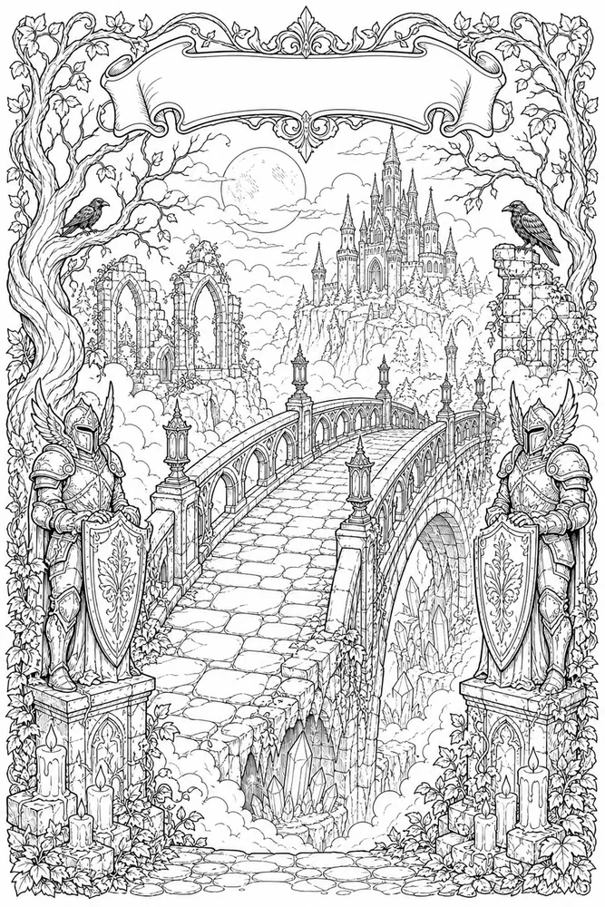 Dark Fantasy Adult Misty Bridge Crossing printable coloring page