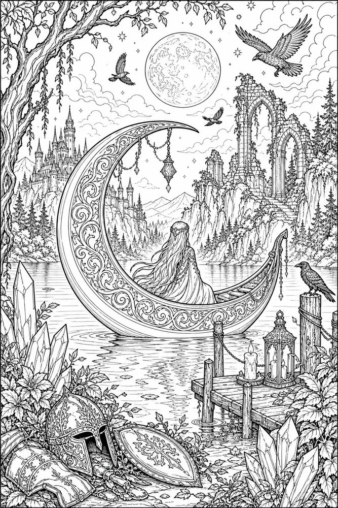Dark Fantasy Adult Moon Boat Lake printable coloring page
