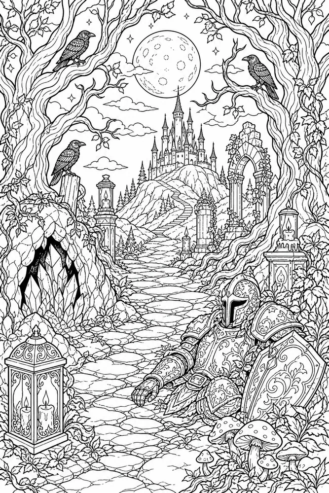 Dark Fantasy Adult Moonlit Forest Path printable coloring page