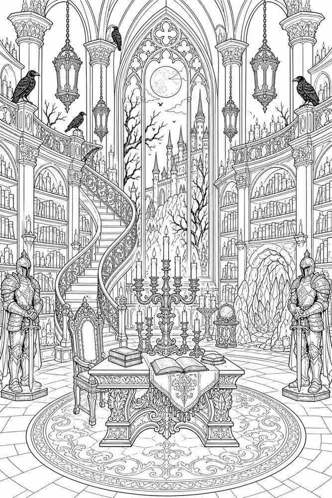 Dark Fantasy Adult Mystic Candle Library printable coloring page