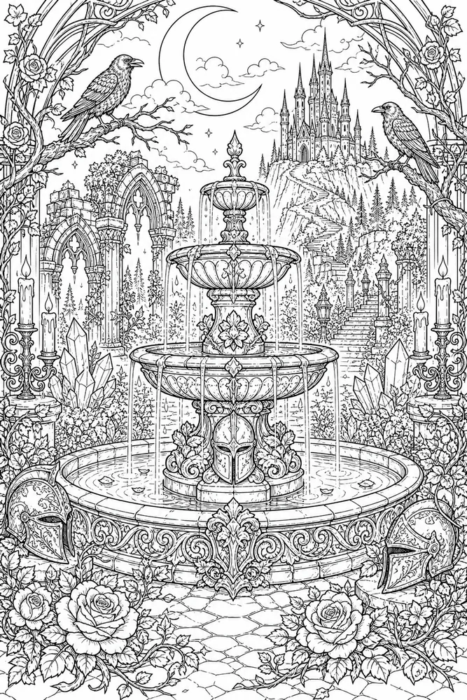 Dark Fantasy Adult Night Garden Fountain printable coloring page