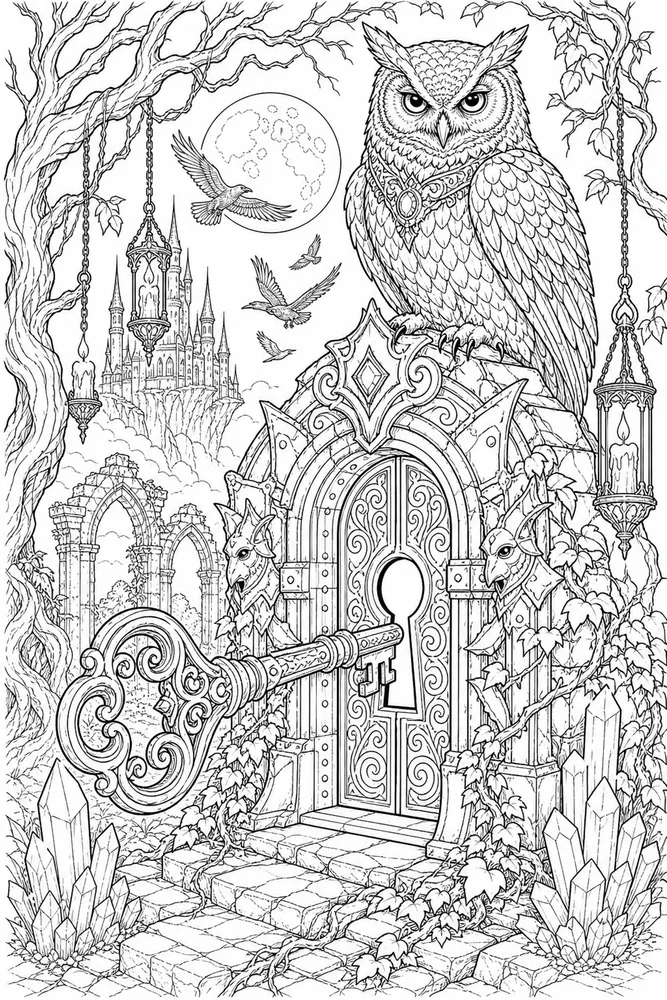 Dark Fantasy Adult Owl And Key Doorway printable coloring page