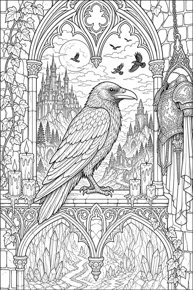 Dark Fantasy Adult Raven Tower Window printable coloring page
