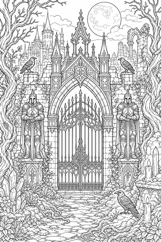 Dark Fantasy Adult Coloring Pages preview: Dark Fantasy Adult Shadow Castle Gate printable coloring page