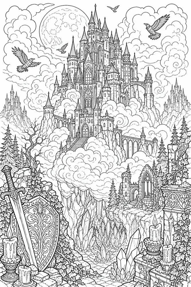 Dark Fantasy Adult Storm Cloud Citadel printable coloring page