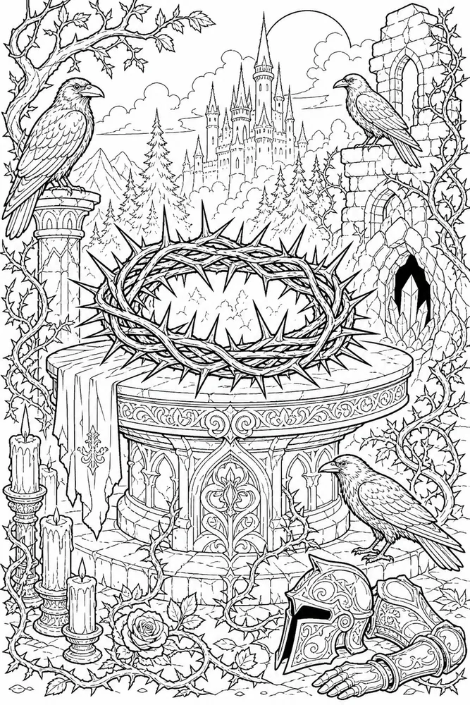 Dark Fantasy Adult Thorn Crown Still Life printable coloring page