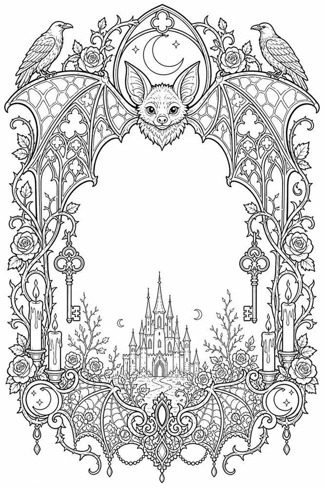 Gothic Adult Gothic Bat Frame printable coloring page